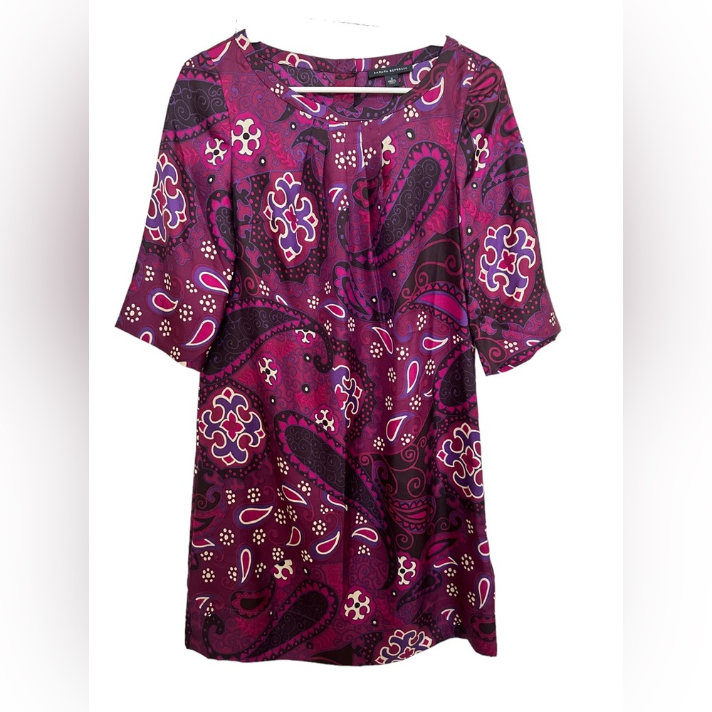 NWOT BANANA REPUBLIC Women's Purple floral paisley silk dress 3/4 sleeve size 0.